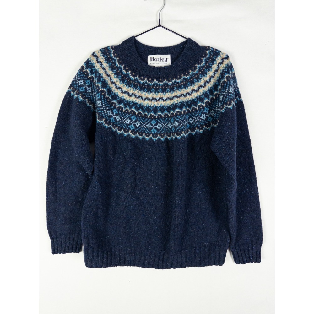 Vintage Harley of Scotland Fair Isle Sweater Navy Wool Womens M Scotland Donegal